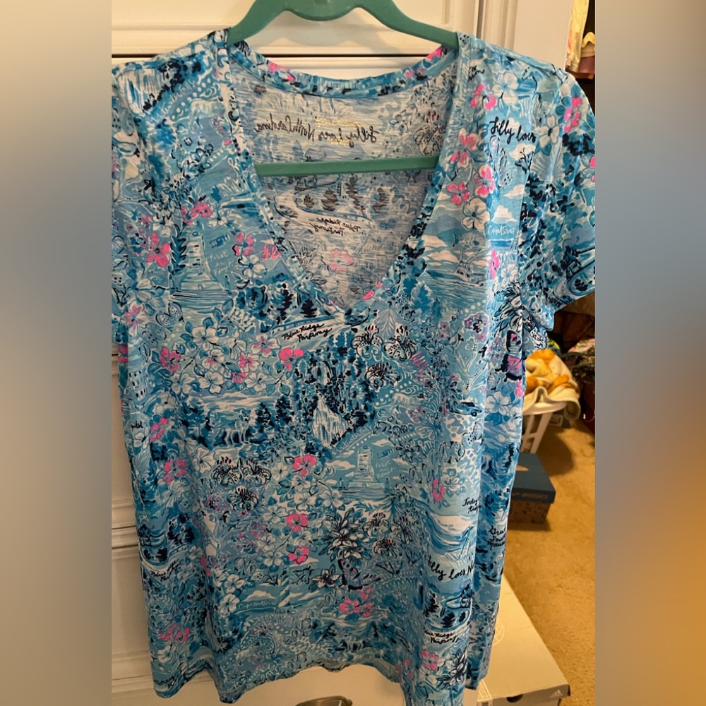 Lilly Pulitzer Blue and Pink Scenic Print Blouse. Lilly loves North Carolina.